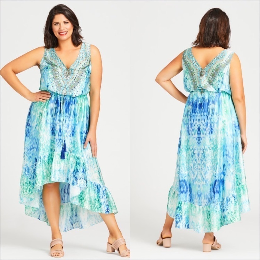 Avenue aqua blue and‎ green Ikat Animal Boho Hi-low Beaded Dress